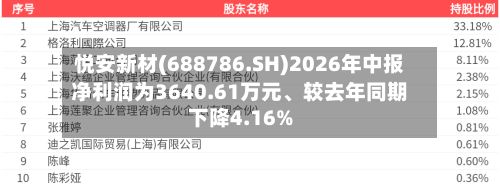 悦安新材(688786.SH)2026年中报净利润为3640.61万元、较去年同期下降4.16%